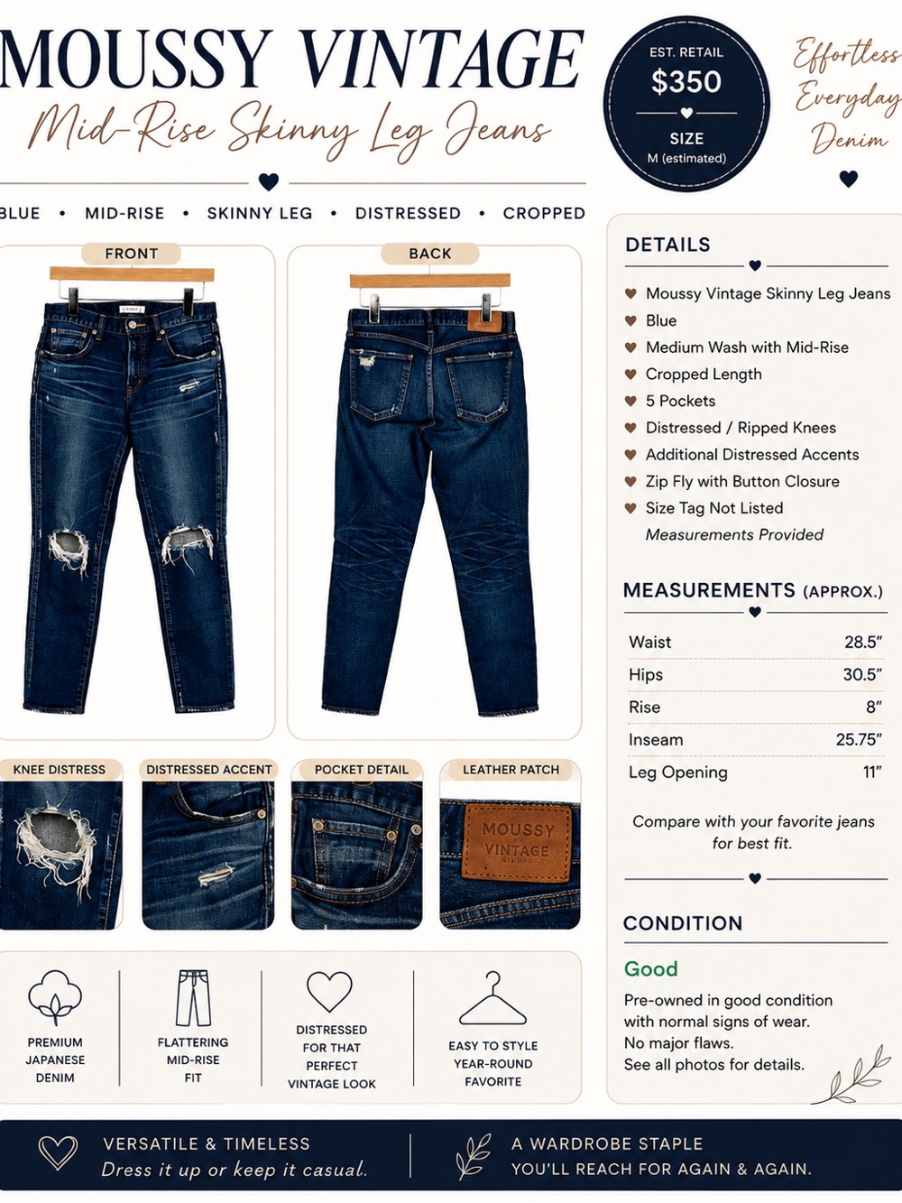 Moussy Vintage Mid-Rise Distressed Skinny Jeans